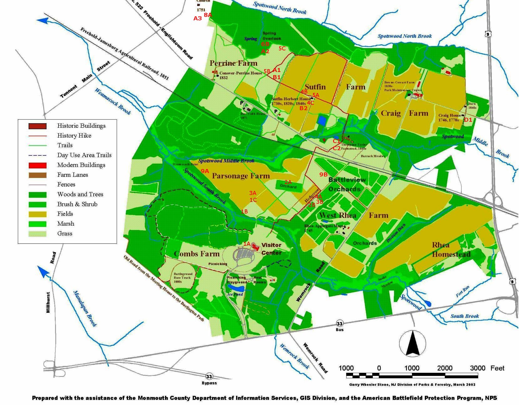 Map of Monmouth Battlefield and where my investigations have taken place.